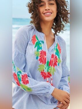 Boden Maria Blue & White Striped Tunic with Red Floral Embroidery